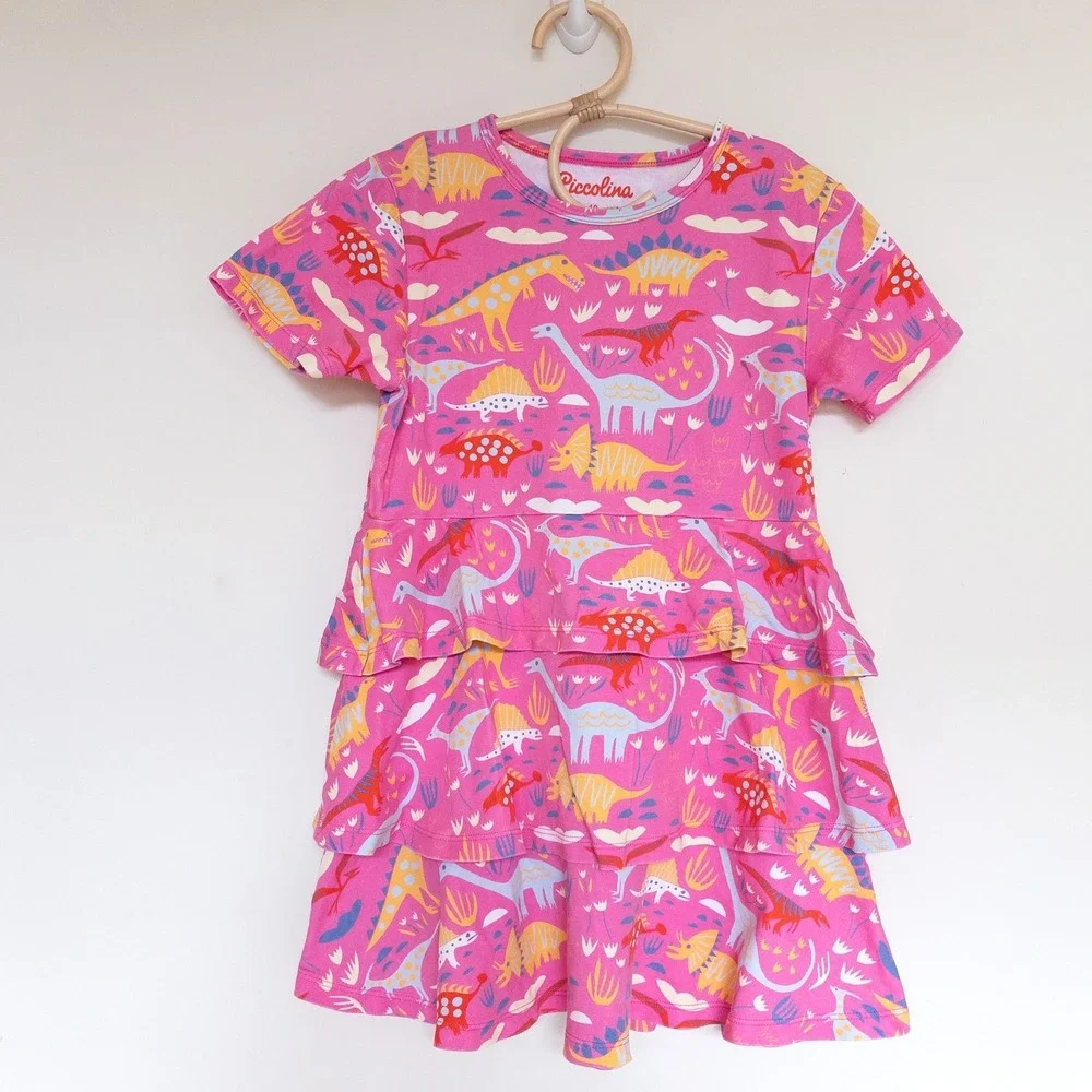 Piccolina Tiered Ruffle Dress Pink Dinosaur Print Short Sleeve Kids Size 10